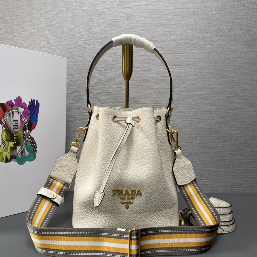 Prada Leather Bucket Bag Shoulder Bag Handbag White 1BE018